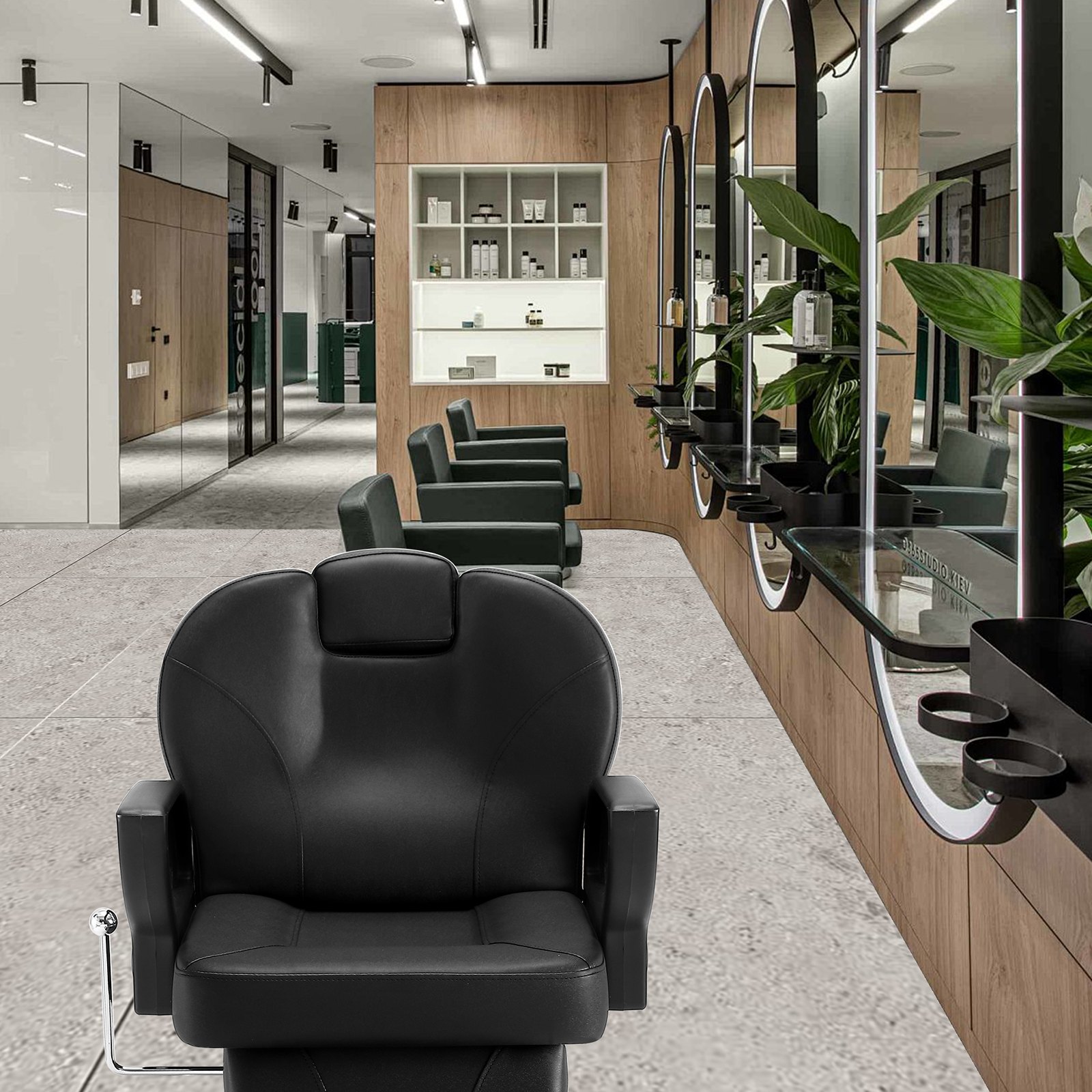 modern salon interior featuring a black VEVOR salon chair with wooden panels and mirrors in the background.