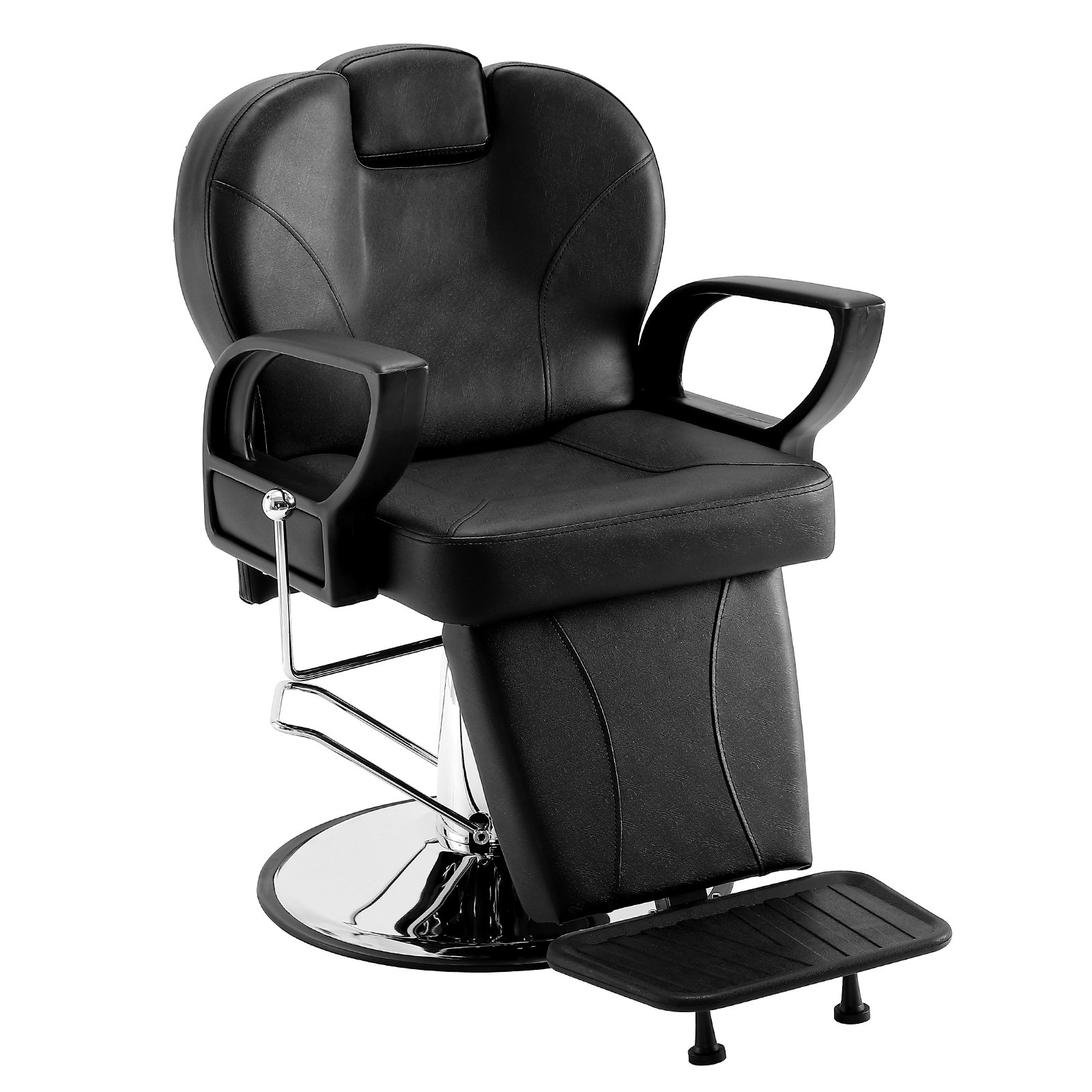 black VEVOR salon chair with padded armrests, chrome base, footrest, and high backrest.