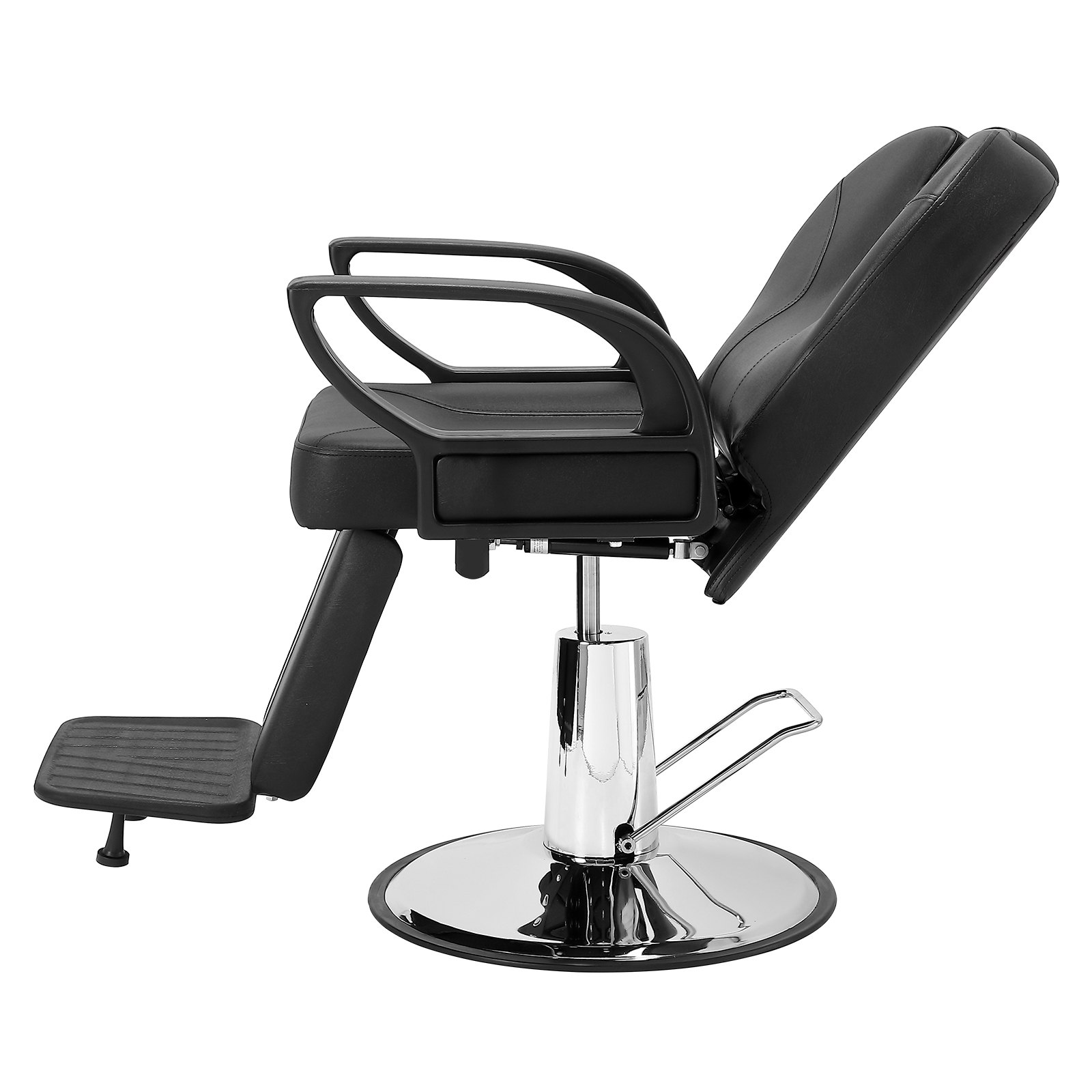black VEVOR salon chair with footrest, hydraulic adjustable base, and reclining backrest.
