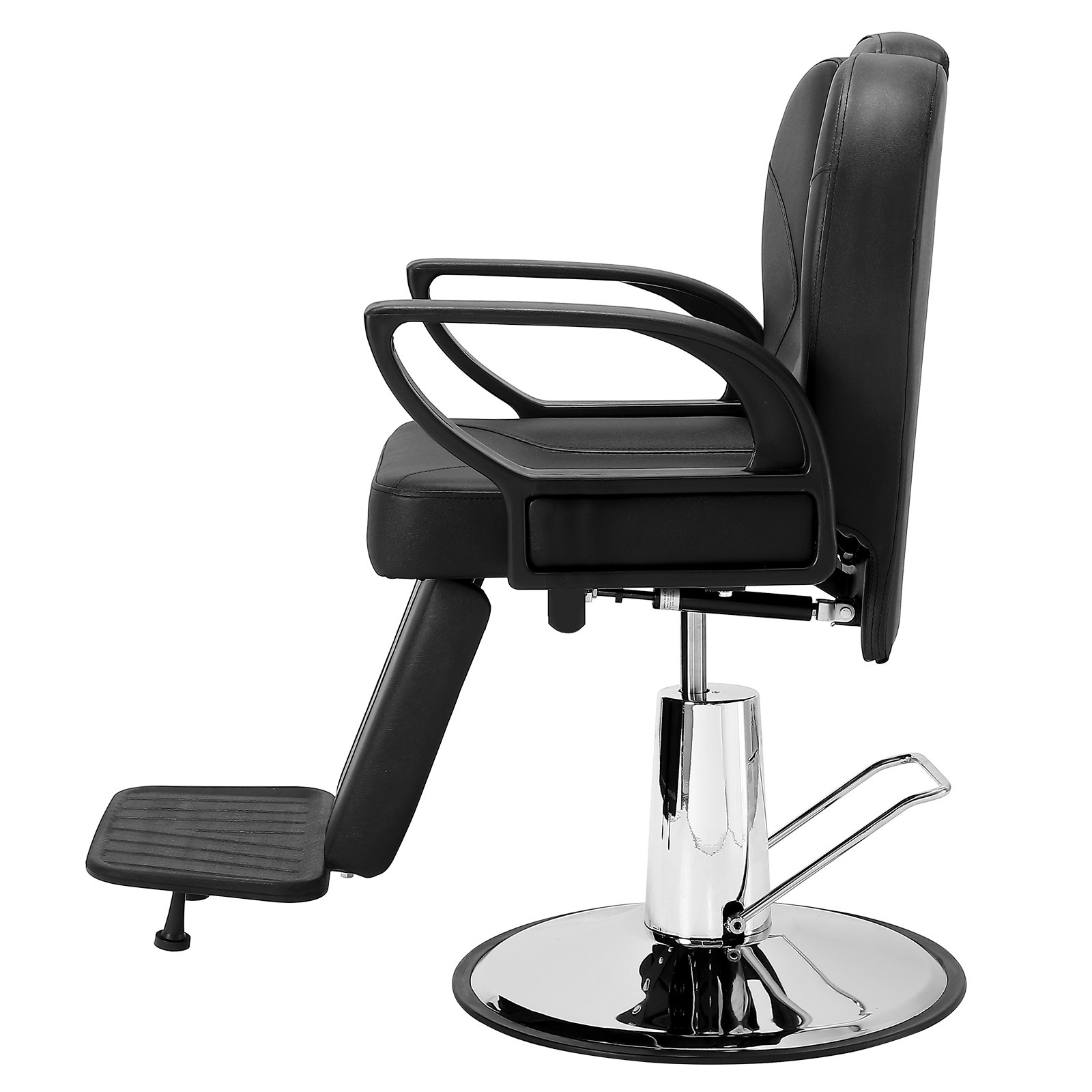black VEVOR salon chair with armrests, adjustable footrest, and chrome base, side view.