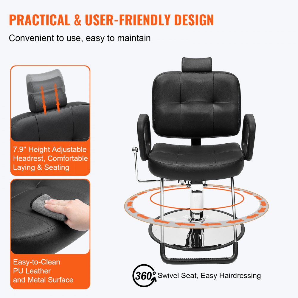 VEVOR salon chair with height adjustable headrest, easy-to-clean pu leather, 360° swivel seat.