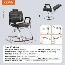 VEVOR Salon Chair, Hydraulic Recliner Barber Chair for Hair Stylist, 360 Degrees Swivel 90°-125° Reclining Salon Chair for Beauty Spa Shampoo, Max Load Weight 330 lbs, Black
