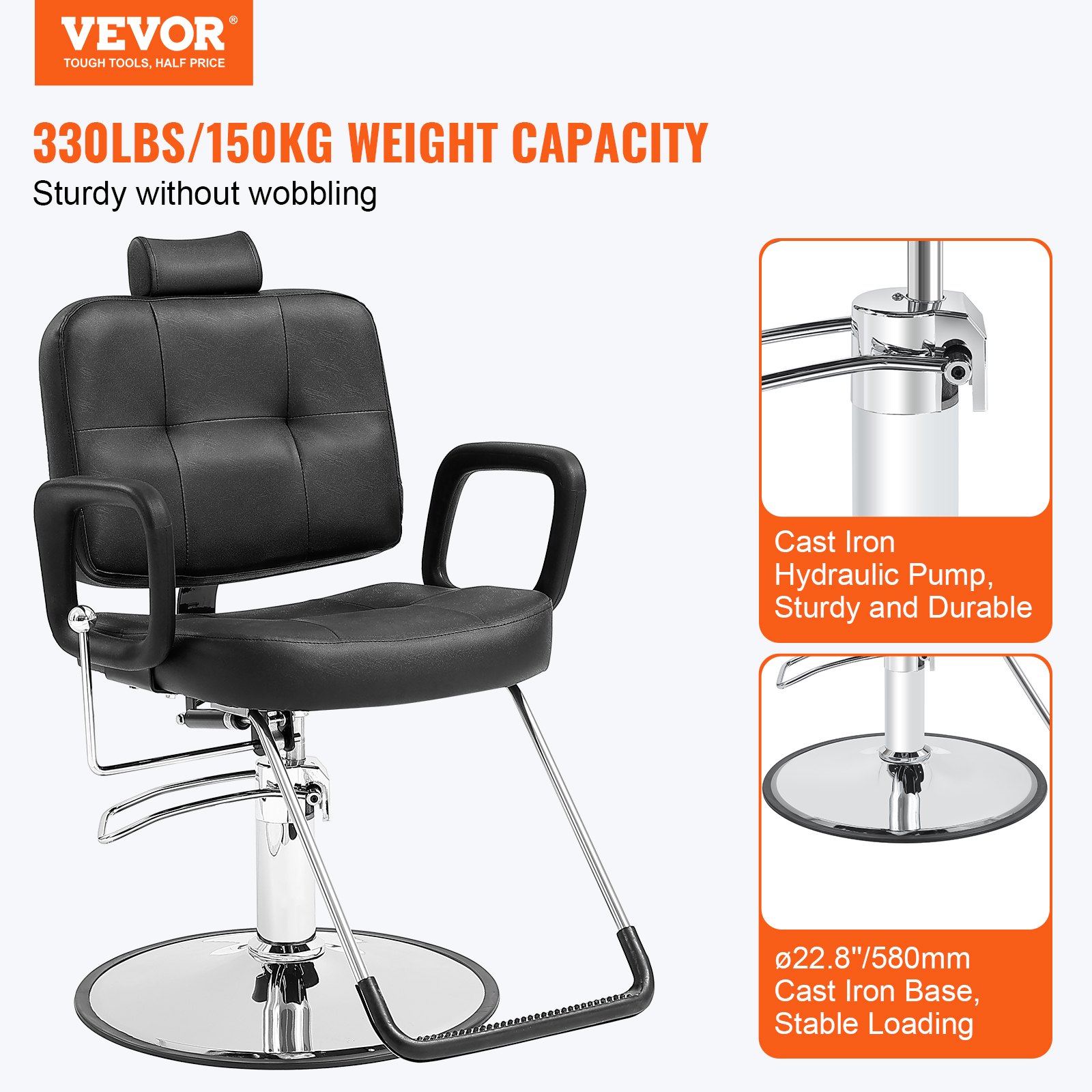 VEVOR salon chair with 330lbs weight capacity, cast iron hydraulic pump, and durable base.