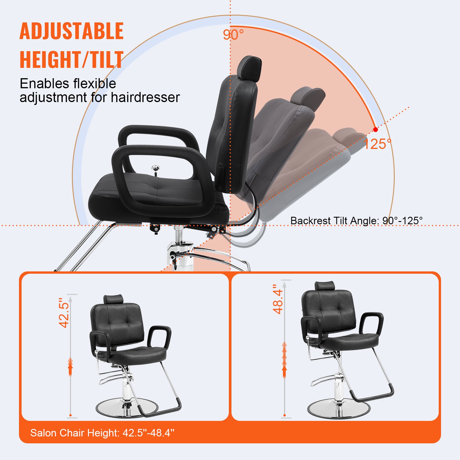 adjustable VEVOR salon chair with tilt feature, backrest tilt angle 90-125°, height 42.5&quot;-48.4&quot;.