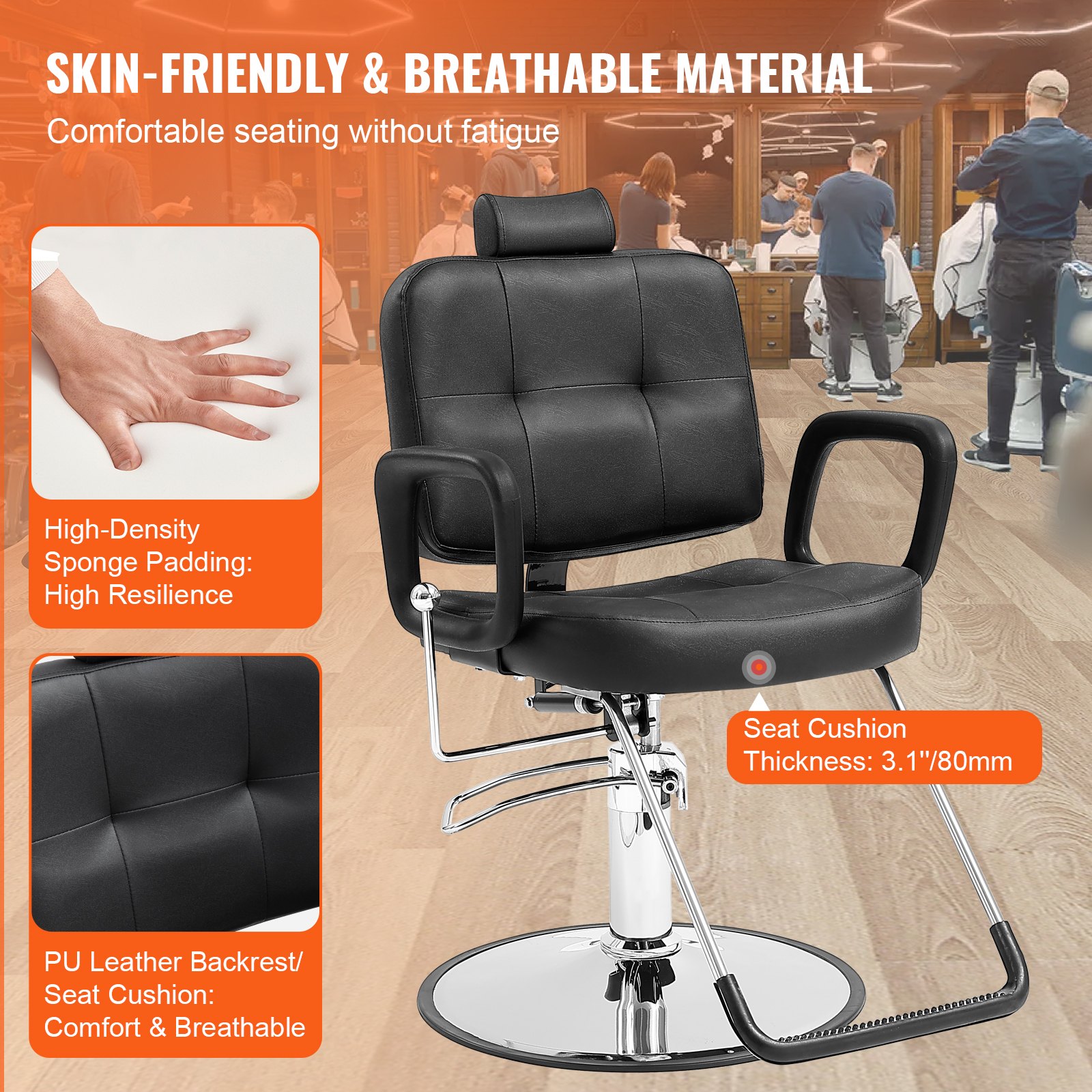 VEVOR salon chair with high-density sponge padding, pu leather backrest, and chrome base in a busy salon.