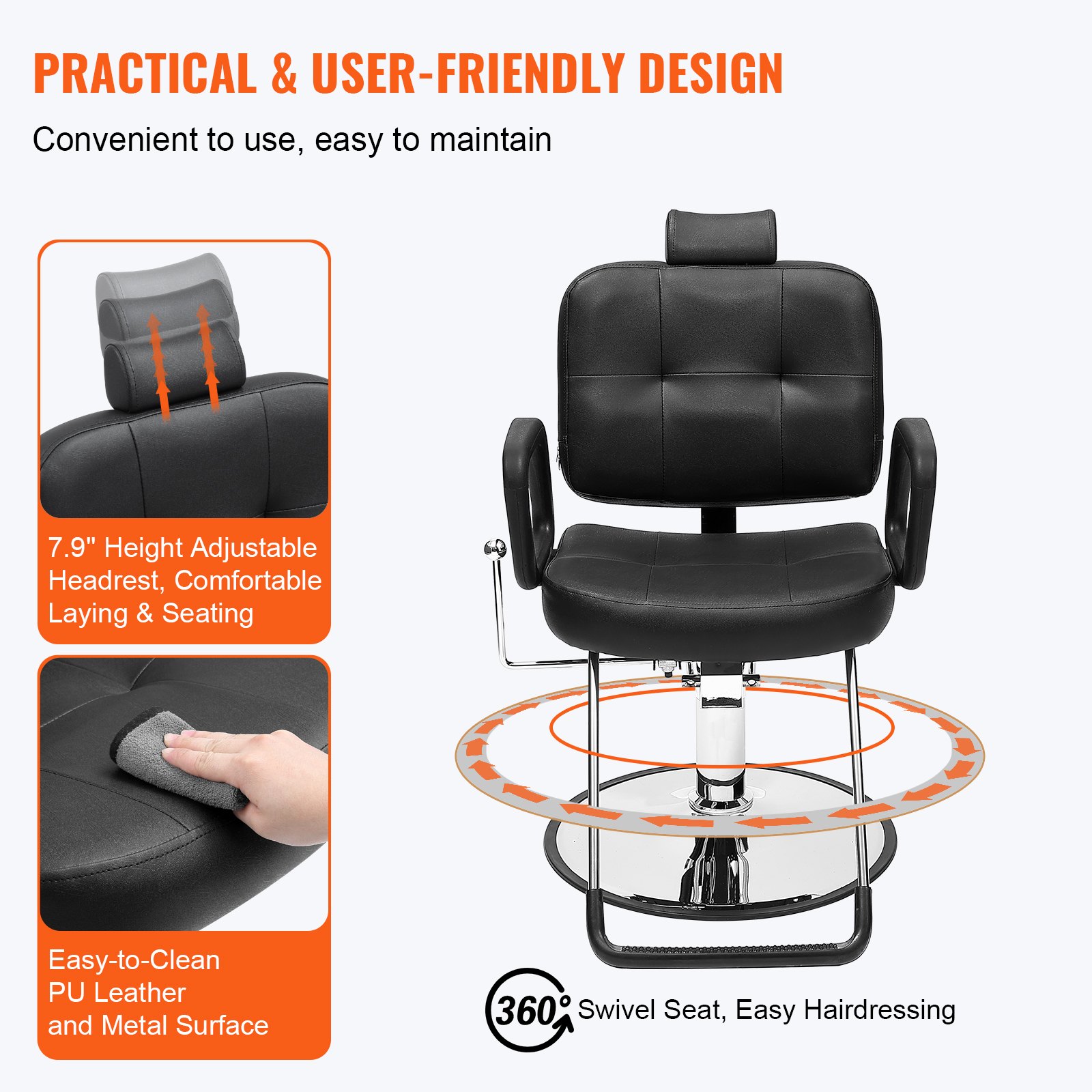 VEVOR salon chair with height adjustable headrest, easy-to-clean pu leather, 360° swivel seat.