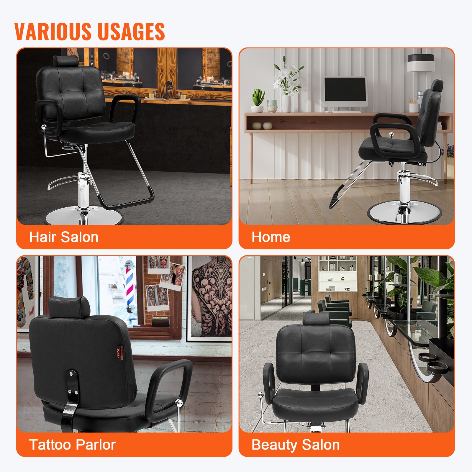 VEVOR salon chair for various settings: hair salon, home, tattoo parlor, and beauty salon.