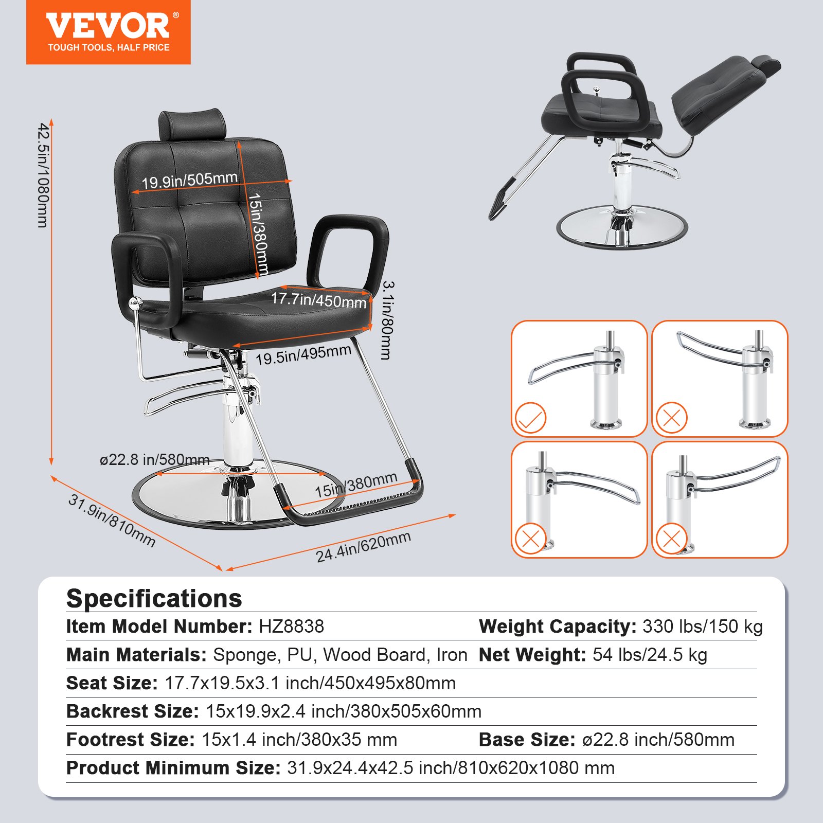 VEVOR salon chair with black pu leather, adjustable reclining backrest, and chrome base. specifications included.
