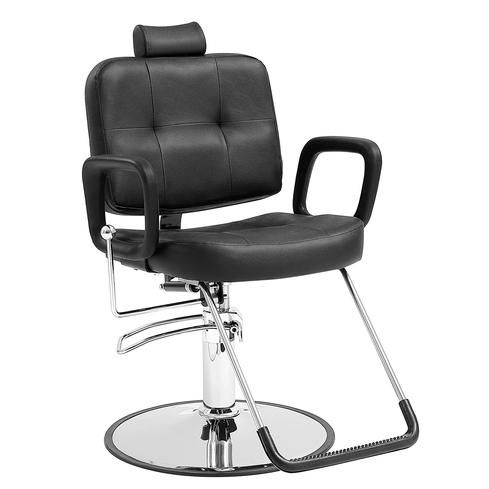 black VEVOR salon chair with padded seat, armrests, headrest, and a round chrome base.