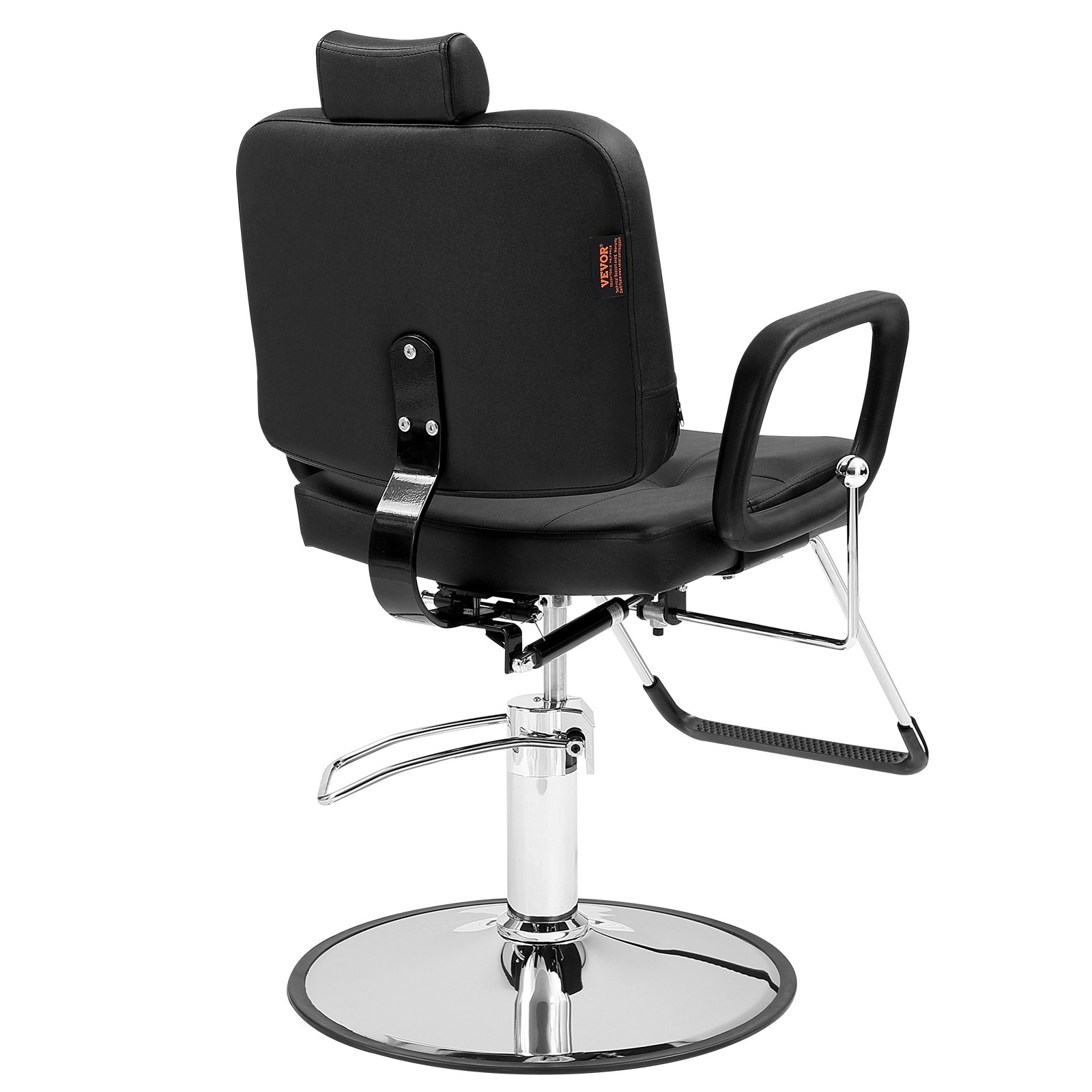 VEVOR salon chair in black with chrome base, adjustable headrest, and footrest, viewed from the back.
