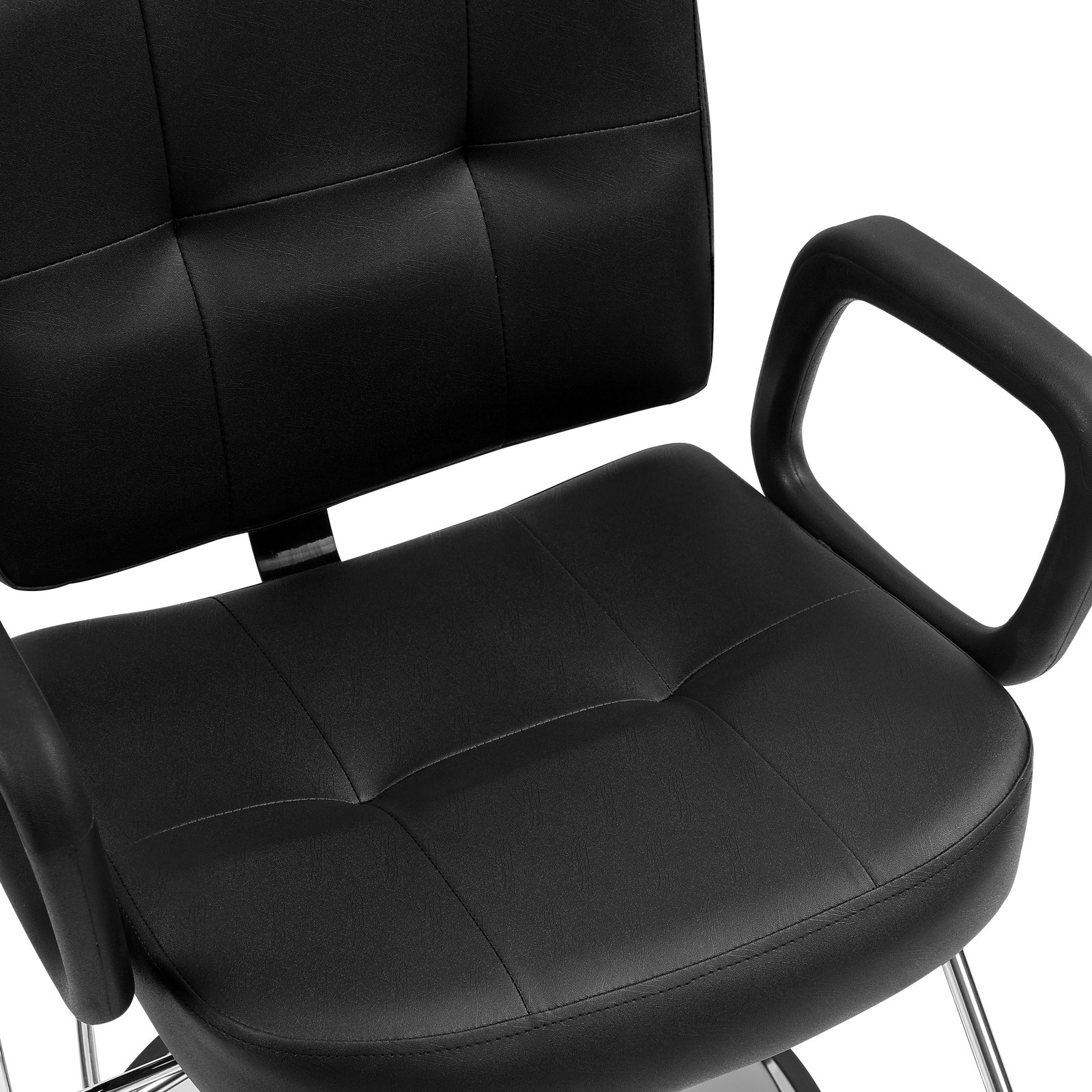 black VEVOR salon chair with padded seat and backrest, featuring armrests and chrome base.