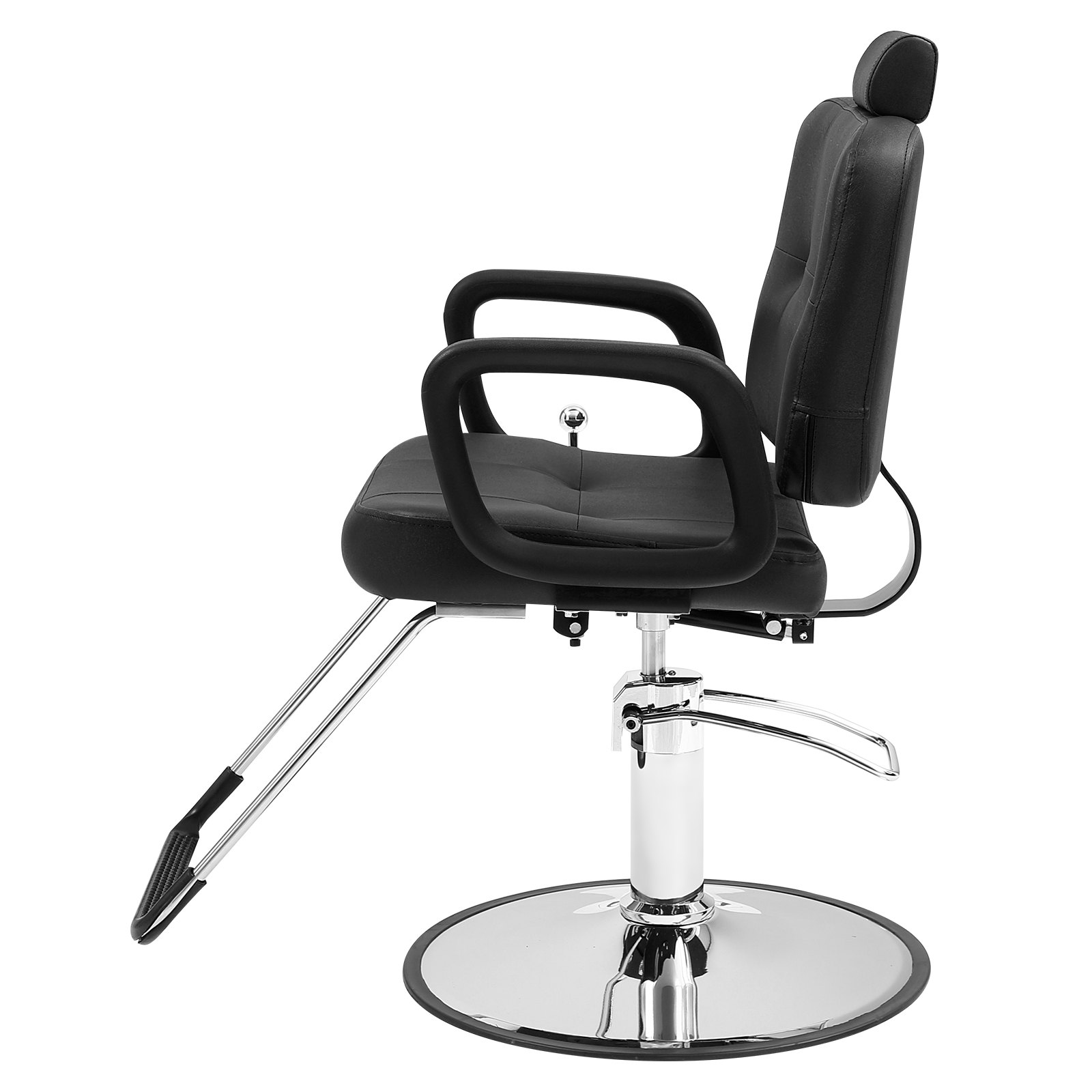 black VEVOR salon chair with headrest, armrests, and chrome adjustable base.