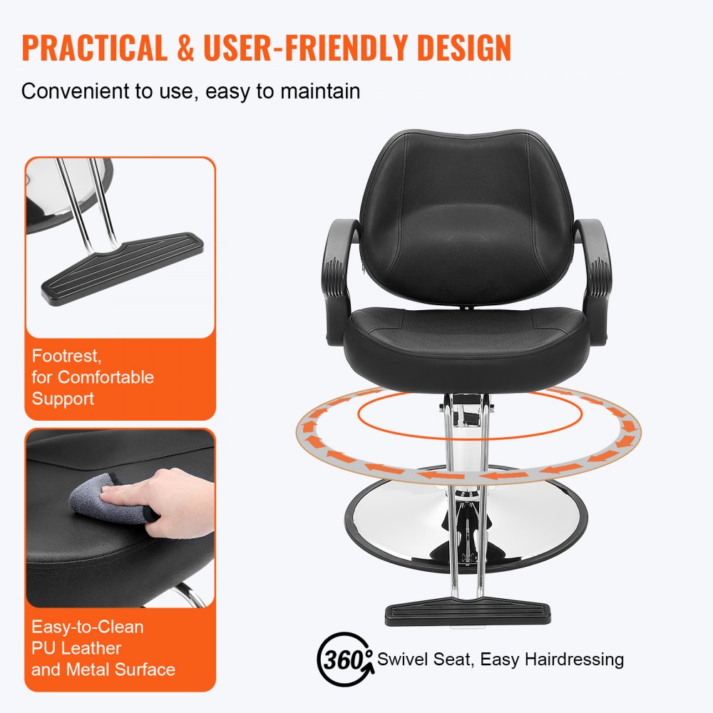 VEVOR salon chair with footrest, 360° swivel seat, and easy-to-clean pu leather and metal surface.