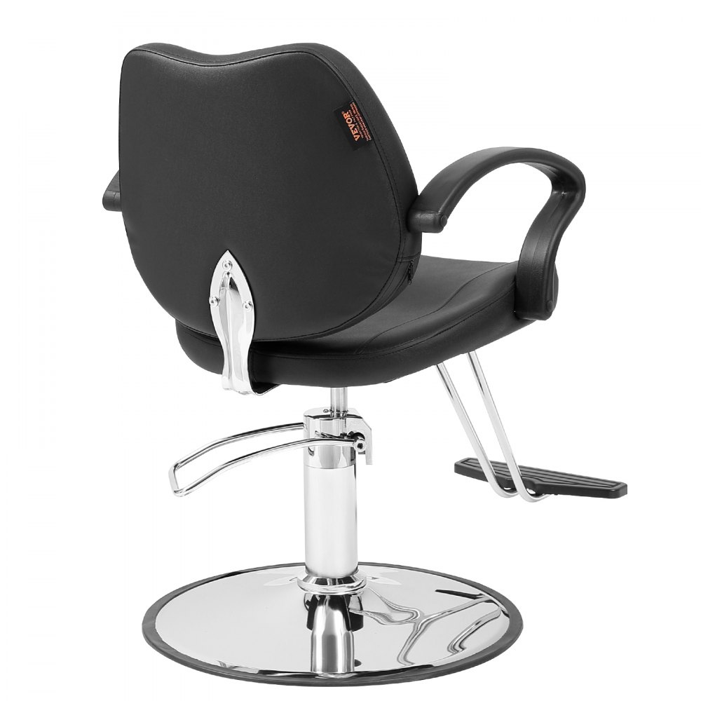 black VEVOR salon chair with chrome base, padded seat, armrests, and footrest.