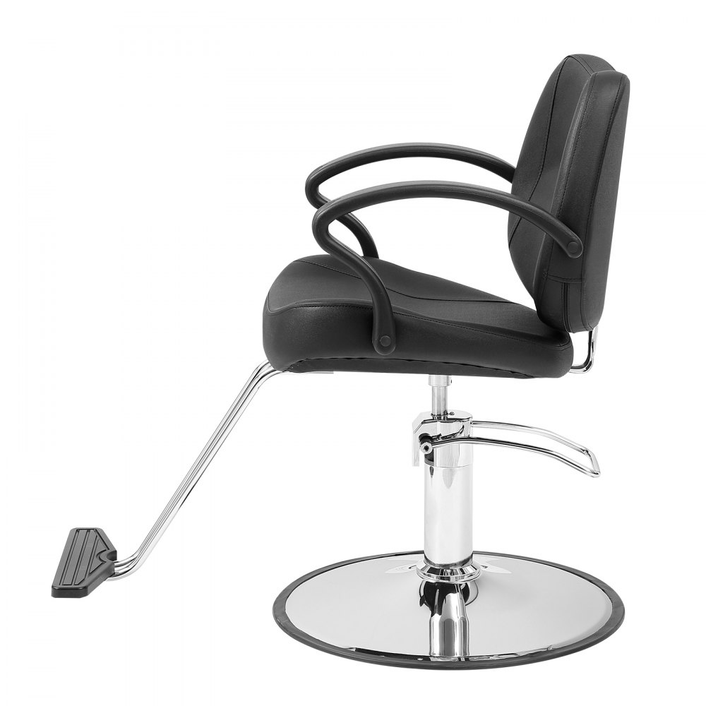 black VEVOR salon chair with chrome base and footrest, sleek design, and cushioned seat for comfort.