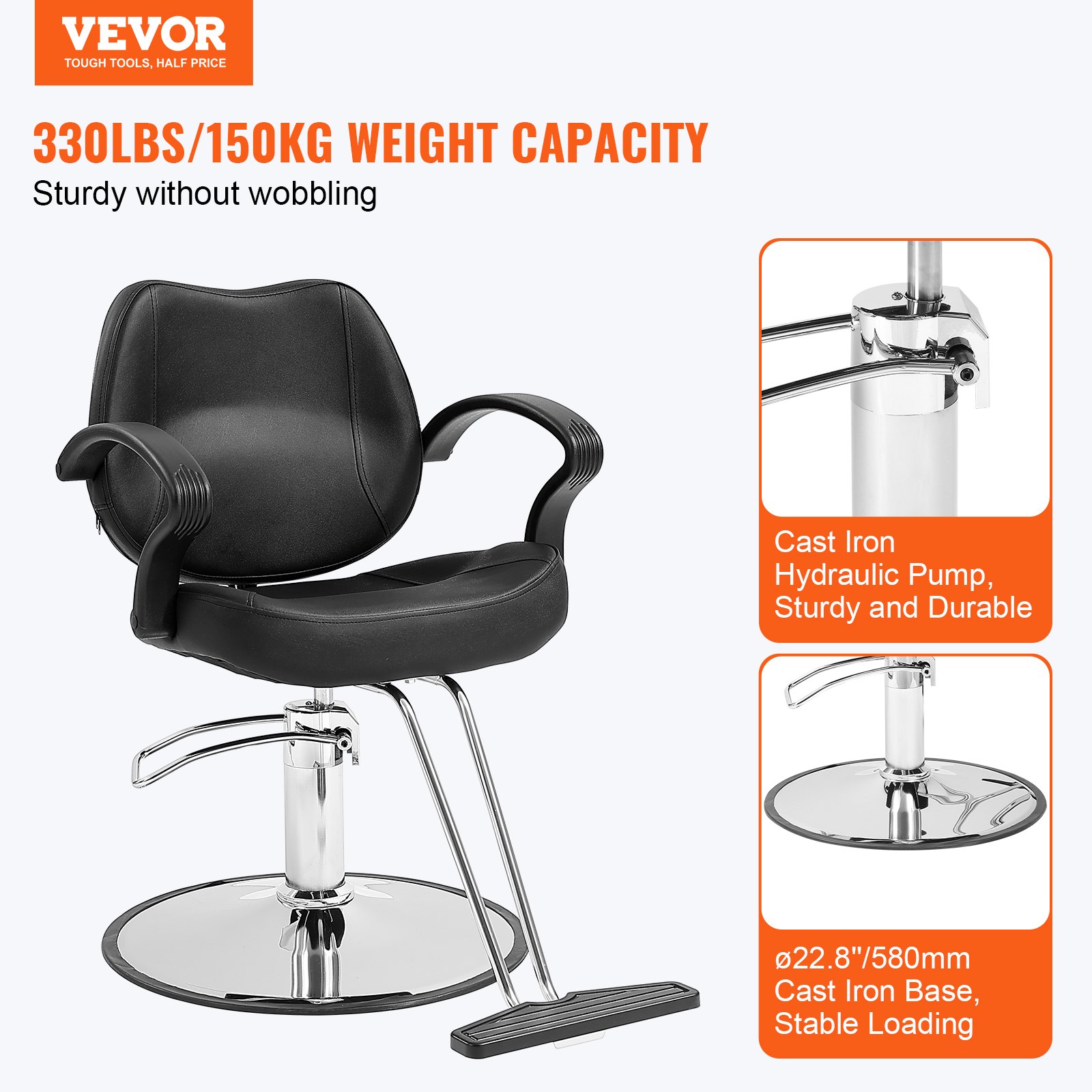 VEVOR salon chair with 330lbs/150kg weight capacity, cast iron hydraulic pump, and 22.8&quot;/580mm base.