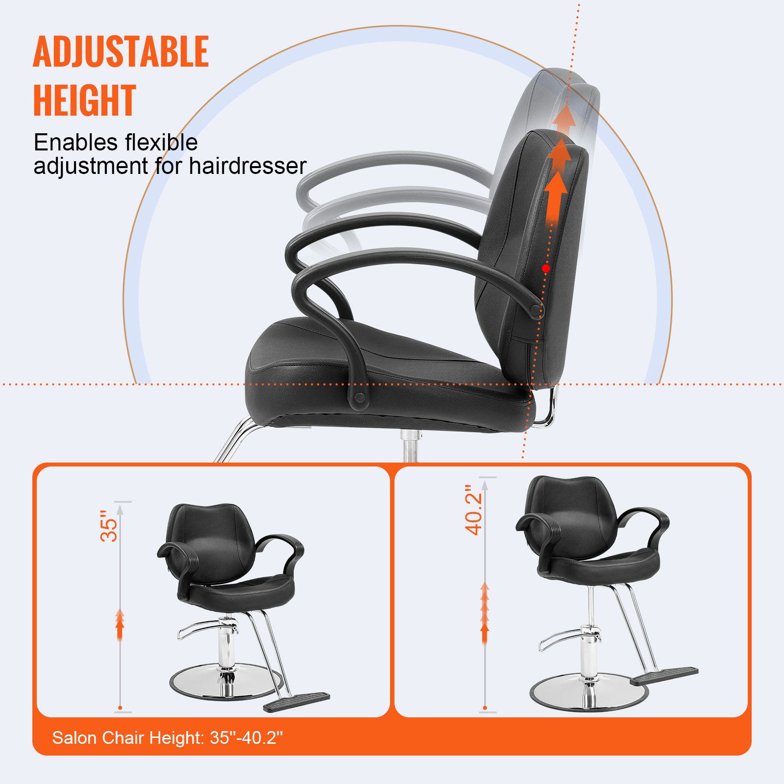 VEVOR salon chair with adjustable height feature; height ranges from 35&quot; to 40.2&quot;. black cushioned seat.