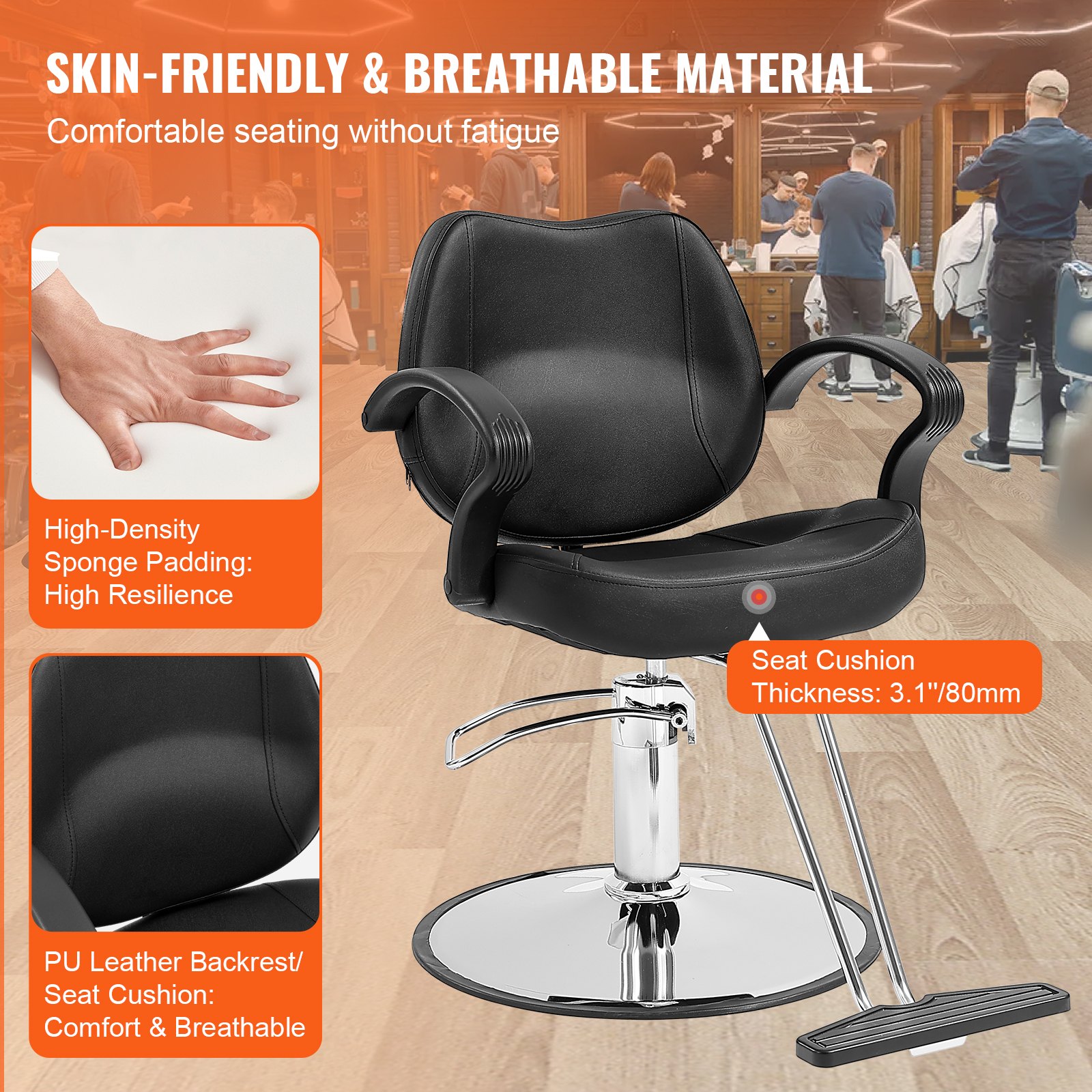 VEVOR salon chair with high-density sponge padding and pu leather backrest for comfort and breathability.