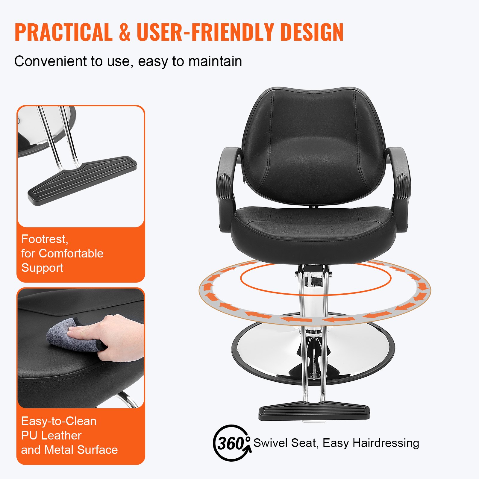 VEVOR salon chair with footrest, 360° swivel seat, and easy-to-clean pu leather and metal surface.
