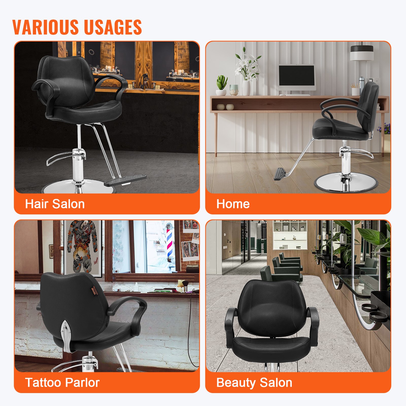 VEVOR salon chair usage in hair salon, home office, tattoo parlor, and beauty salon.