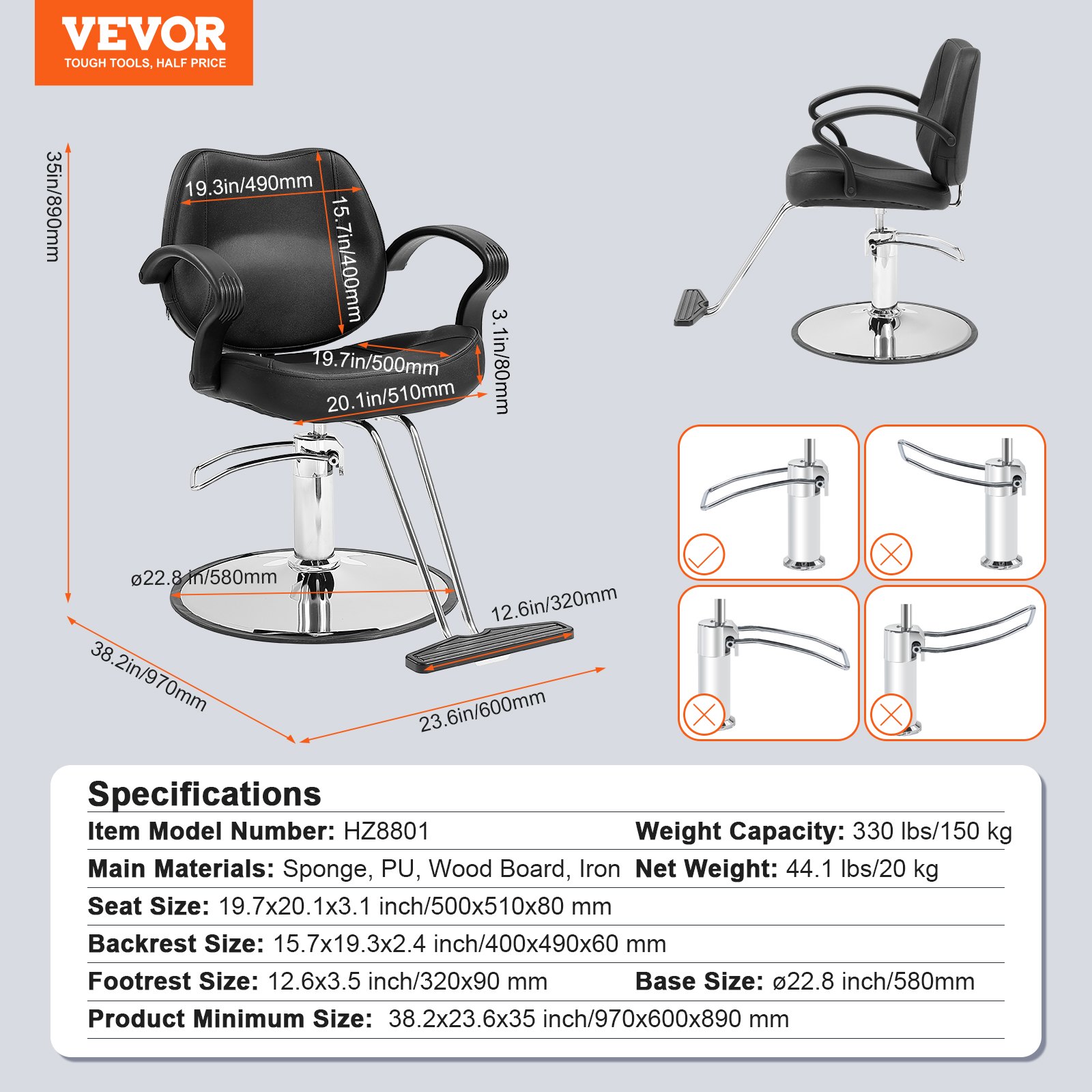 VEVOR salon chair with dimensions, weight capacity, materials, and specifications displayed.