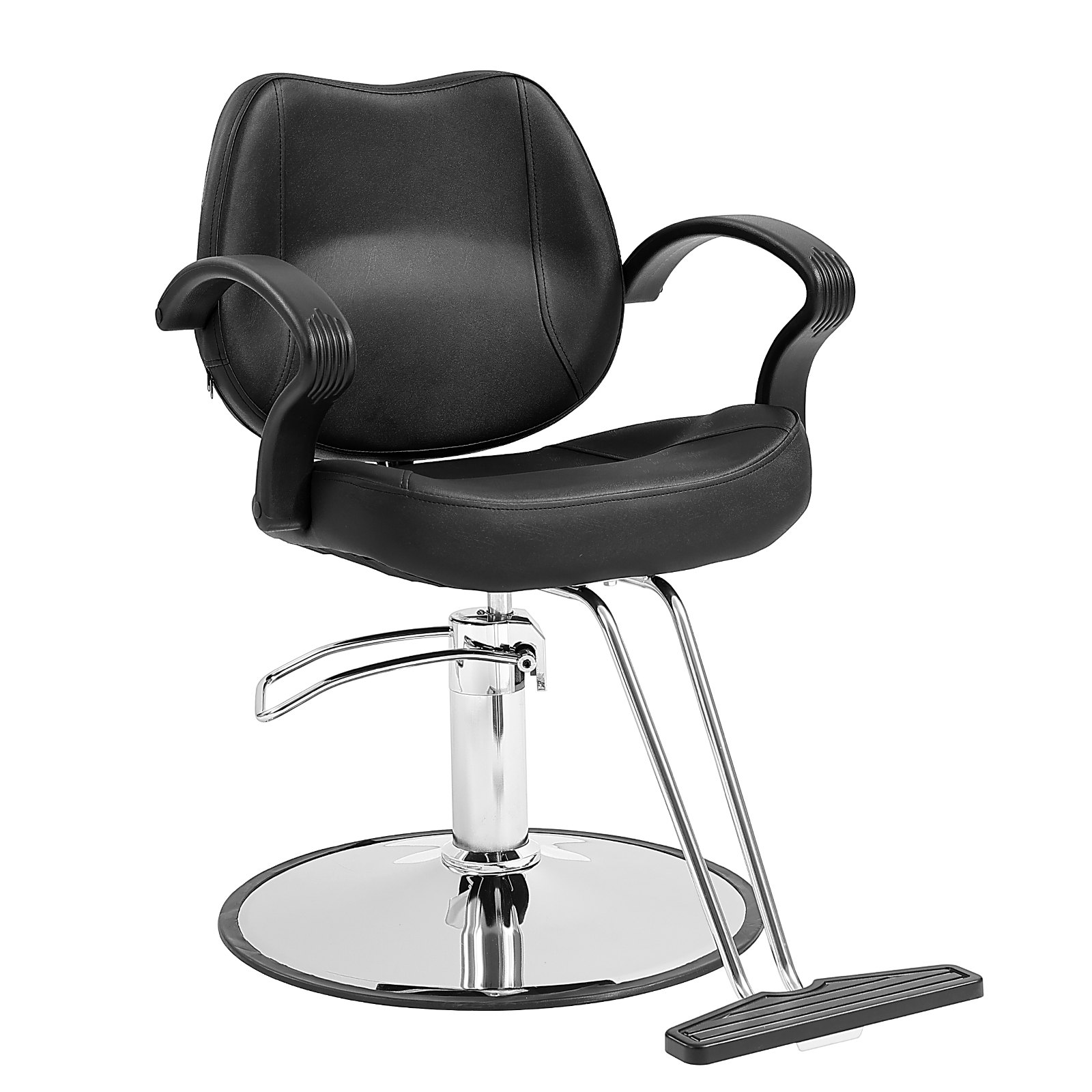 black VEVOR salon chair with cushioned seat, armrests, and hydraulic base on a shiny chrome stand.