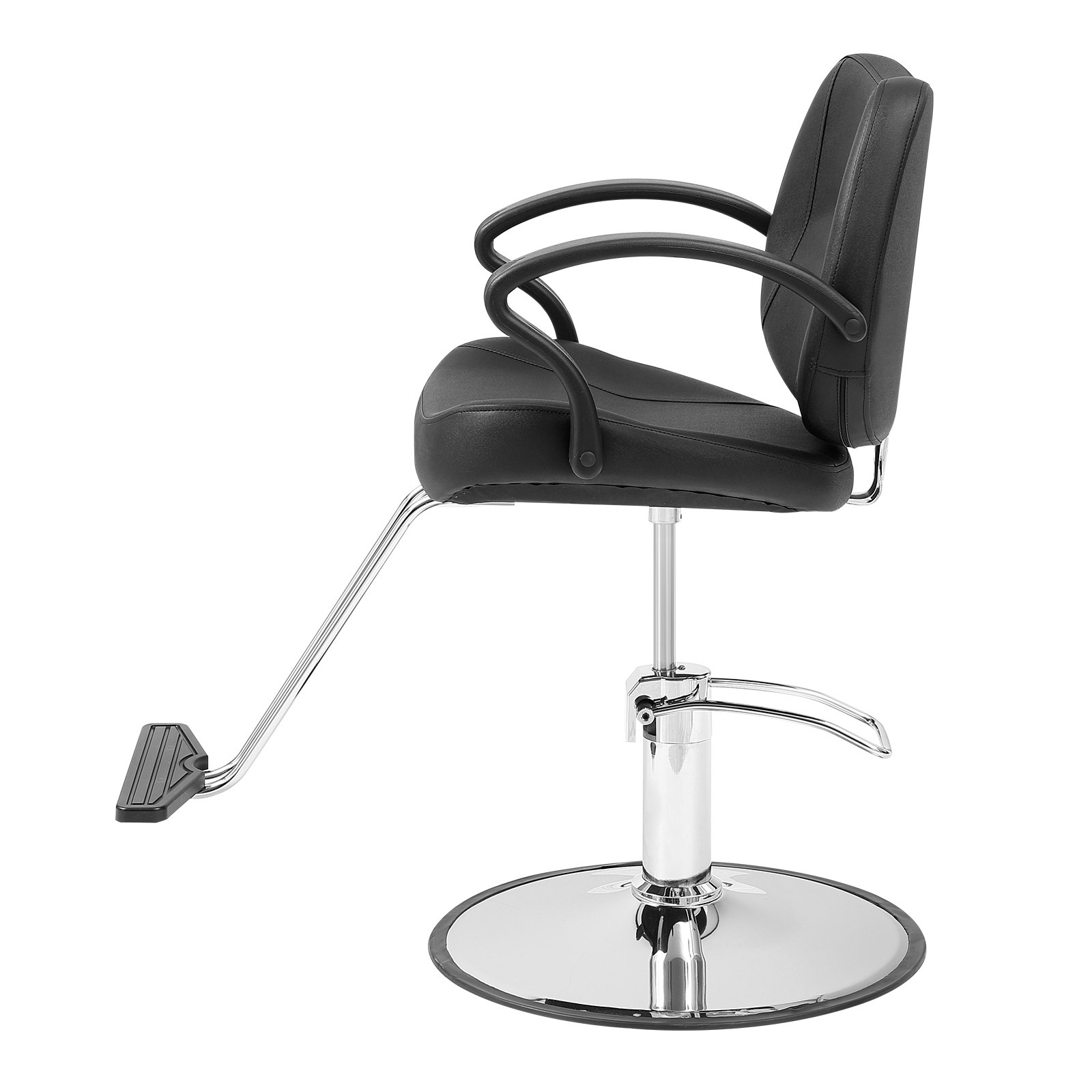 black VEVOR salon chair with padded armrests, footrest, and chrome base viewed from the side.