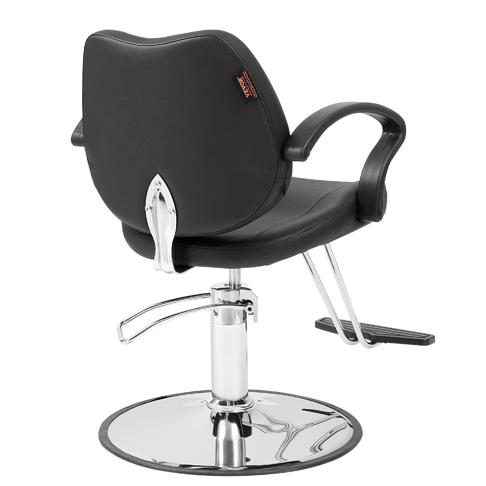 black VEVOR salon chair with chrome base, padded seat, armrests, and footrest.