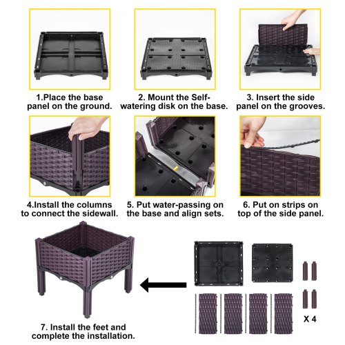 VEVOR Plastic Raised Garden Bed, 15.7H Flower Box Kit, Brown Rattan Style Grow Planter Care Box, Set of 4 Raised Garden Planter, Raised Bed Watering Kit, Raised Garden Bed with Legs for in/Outdoor