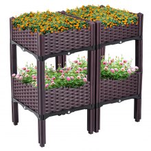 VEVOR Plastic Raised Garden Bed, 15.7H Flower Box Kit, Brown Rattan Style Grow Planter Care Box, Set of 4 Raised Garden Planter, Raised Bed Watering Kit, Raised Garden Bed with Legs for in/Outdoor