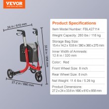VEVOR 3 Wheels Rollator Walker for Seniors, Lightweight Aluminum Foldable Rolling Walker with Adjustable Handle, Outdoor Trio Mobility Walker with Large Wheels & Spacious Storage Bag, 118KG Capacity