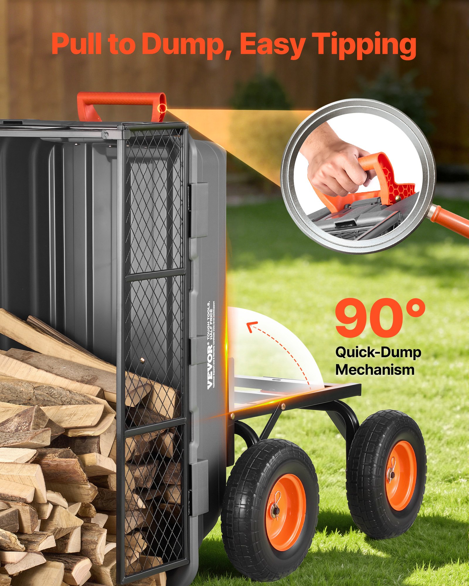 VEVOR Garden Dump Cart, 1200 lbs Poly Dump Cart, Garden Carts Dumps Wagon with Storage Fence, 2-in-1 Convertible Handle, 90° Quick-Dumps Mechanism, 180° Swivel Wheels, Yard Wagon for Plants, Soil