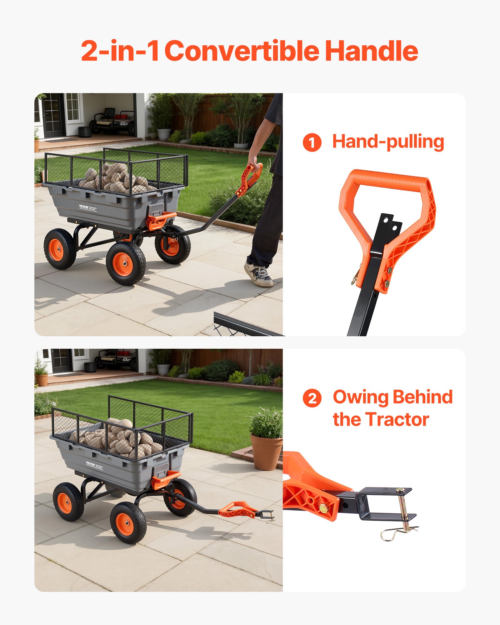 VEVOR Garden Dump Cart, 1200 lbs Poly Dump Cart, Garden Carts Dumps Wagon with Storage Fence, 2-in-1 Convertible Handle, 90° Quick-Dumps Mechanism, 180° Swivel Wheels, Yard Wagon for Plants, Soil