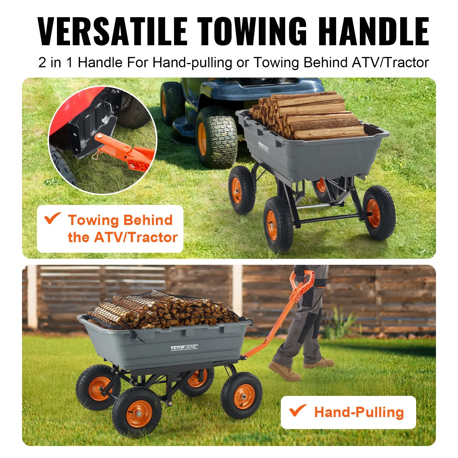 VEVOR Poly Garden Dump Cart Heavy-duty Yard Carts and Wagons 1500 lbs/680.4 kg 13"/33 cm Tires