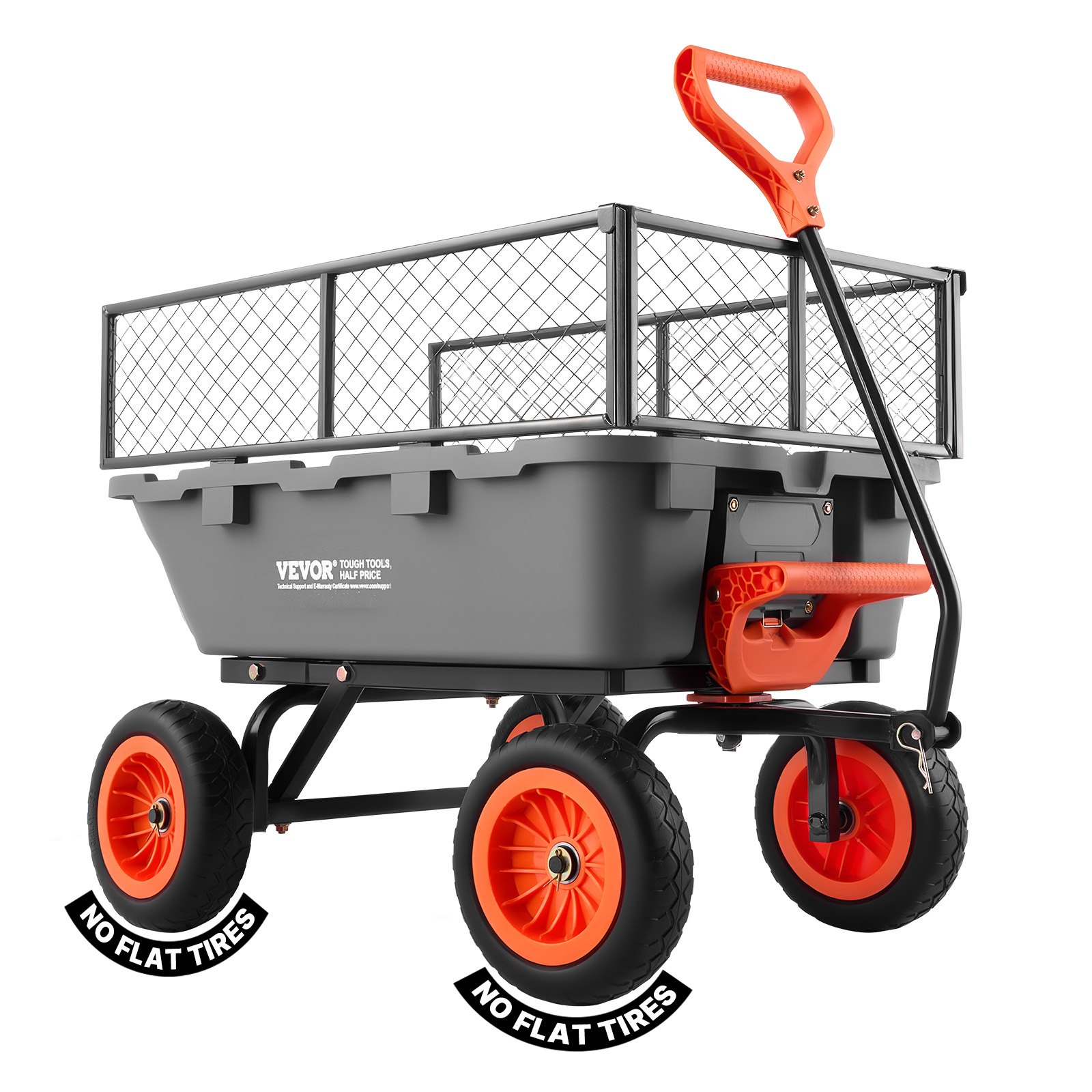 VEVOR Garden Dump Cart, 800 lbs Poly Dump Cart, Garden Carts Dumps Wagon with Storage Fence, 90° Quick-Dumps Mechanism, 180° Swivel Wheels, 90° Rotating Handle, Yard Wagon for Plants, Soil, Crops