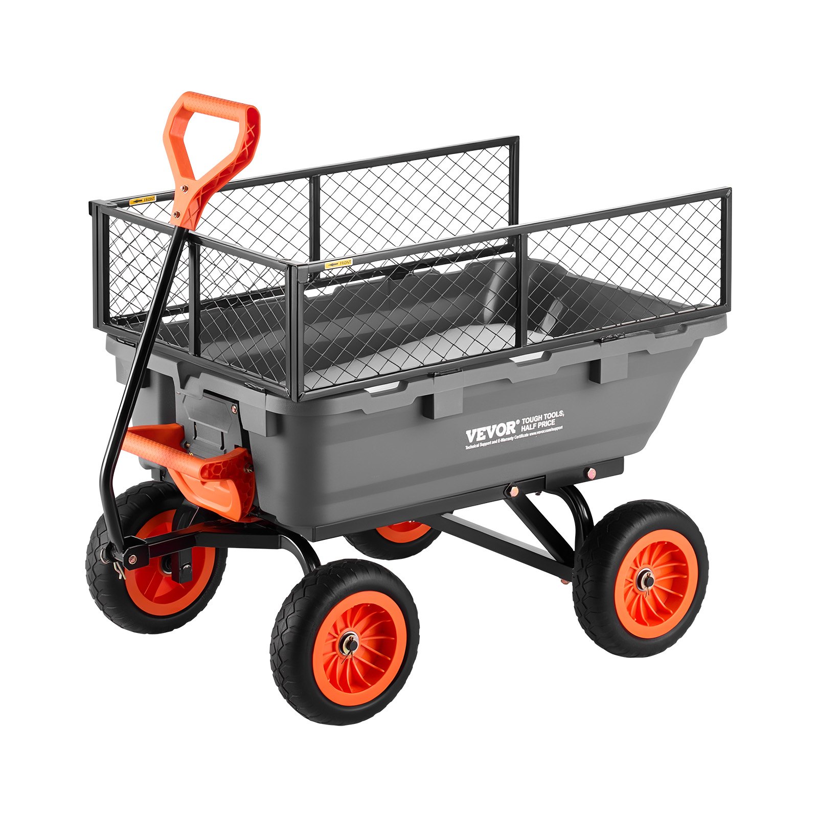 VEVOR Garden Dump Cart, 800 lbs Poly Dump Cart, Garden Carts Dumps Wagon with Storage Fence, 90° Quick-Dumps Mechanism, 180° Swivel Wheels, 90° Rotating Handle, Yard Wagon for Plants, Soil, Crops