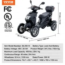 VEVOR Scooters de movilidad de 4 ruedas resistentes para personas mayores y adultos, capacidad de 450 libras, 40 millas, 3 velocidades de largo alcance, 500 W, scooter eléctrico recreativo todo terreno, silla de ruedas con capacidad máxima de escalada de 20°