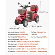 VEVOR Heavy Duty 4-Wheel Mobility Scooters for Seniors & Adults, 500lbs Capacity, 21.5 Miles 3-Speed Long Range, 1000W All Terrain Electric Recreational Scooter Wheelchair, 20° Max Climbing Capacity