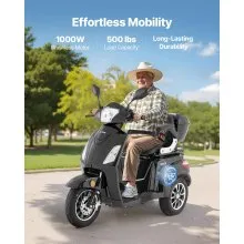 VEVOR Heavy Duty 3-Wheel Mobility Scooters for Seniors & Adults, 500lbs Capacity, 21.5 Miles 3-Speed Long Range, 1000W All Terrain Electric Recreational Scooter Wheelchair, 20° Max Climbing Capacity