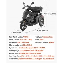 VEVOR Heavy Duty 3-Wheel Mobility Scooters for Seniors & Adults, 500lbs Capacity, 21.5 Miles 3-Speed Long Range, 1000W All Terrain Electric Recreational Scooter Wheelchair, 20° Max Climbing Capacity