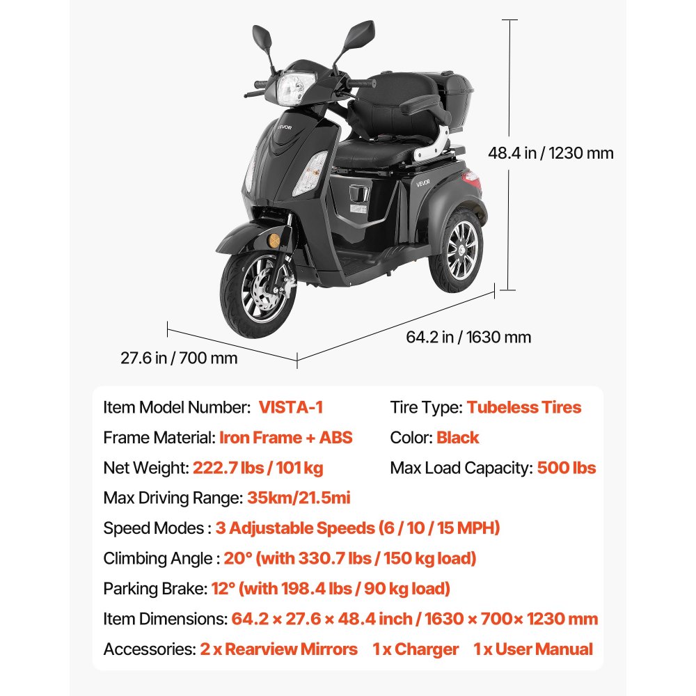 VEVOR Heavy Duty 3-Wheel Mobility Scooters for Seniors & Adults, 500lbs Capacity, 35 KM 3-Speed Long Range, 1000W All Terrain Electric Recreational Scooter Wheelchair, 20° Max Climbing Capacity