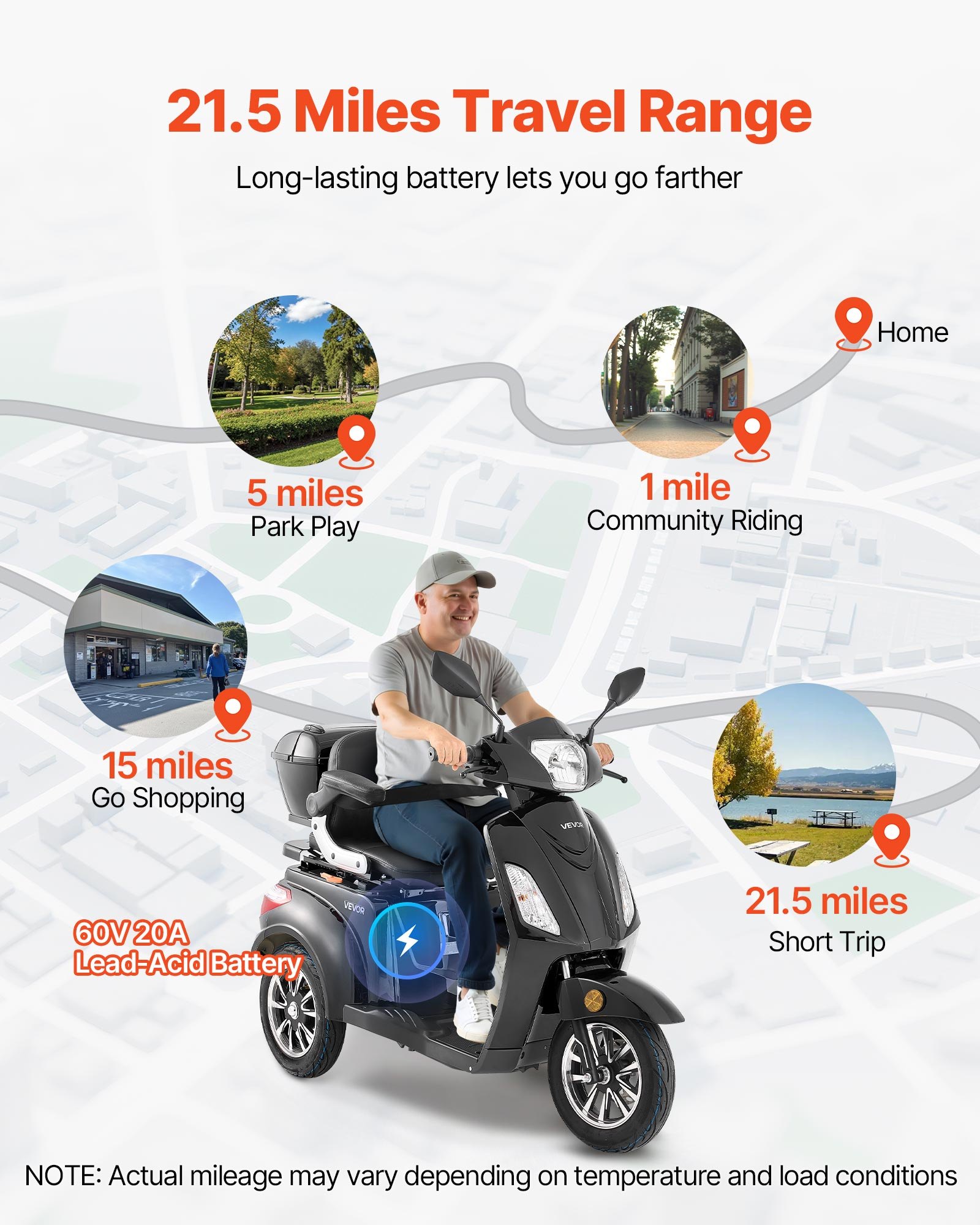 VEVOR Heavy Duty 3-Wheel Mobility Scooters for Seniors & Adults, 500lbs Capacity, 35 KM 3-Speed Long Range, 1000W All Terrain Electric Recreational Scooter Wheelchair, 20° Max Climbing Capacity