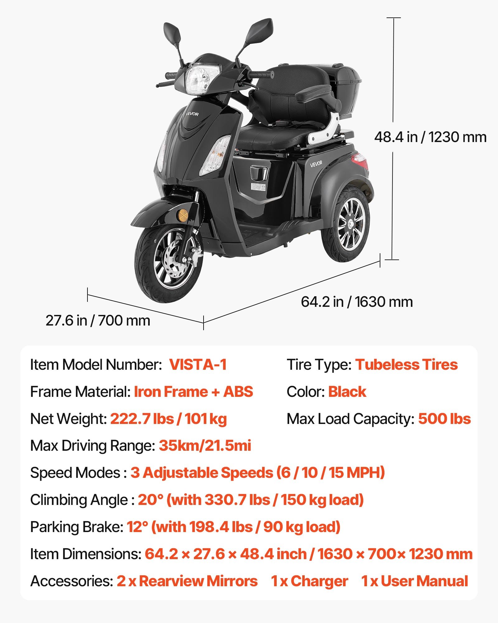 VEVOR Heavy Duty 3-Wheel Mobility Scooters for Seniors & Adults, 500lbs Capacity, 35 KM 3-Speed Long Range, 1000W All Terrain Electric Recreational Scooter Wheelchair, 20° Max Climbing Capacity