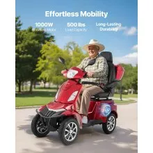 VEVOR Heavy Duty 4-Wheel Mobility Scooters for Seniors & Adults, 500lbs Capacity, 21.5 Miles 3-Speed Long Range, 1000W All Terrain Electric Recreational Scooter Wheelchair, 20° Max Climbing Capacity