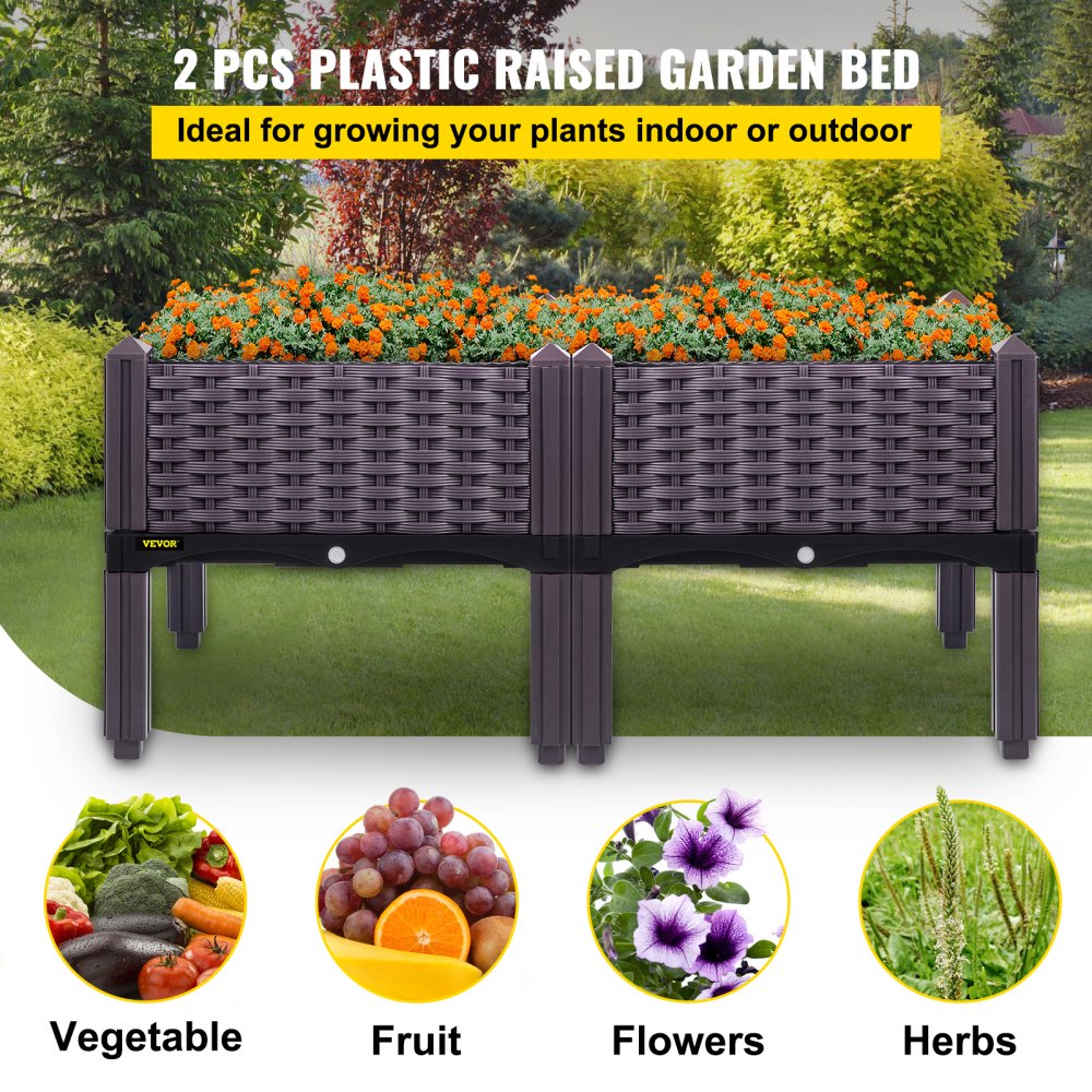 VEVOR Cama de jardín elevada de plástico, 2 unidades de macetero, 9.1 pulgadas de alto, autorriego elevado con patas para flores, verduras, frutas, hierbas, uso interior/exterior, ratán realista marrón