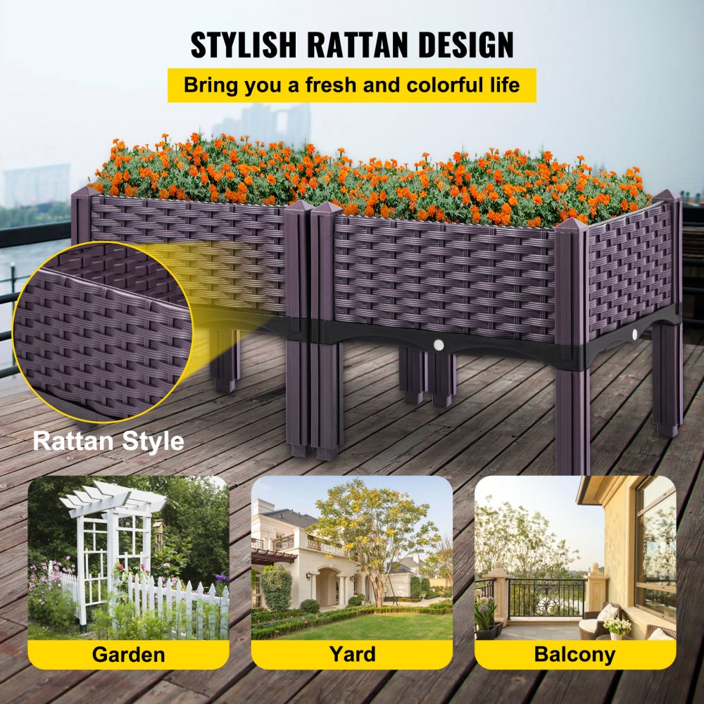 VEVOR Cama de jardín elevada de plástico, 2 unidades de macetero, 9.1 pulgadas de alto, autorriego elevado con patas para flores, verduras, frutas, hierbas, uso interior/exterior, ratán realista marrón