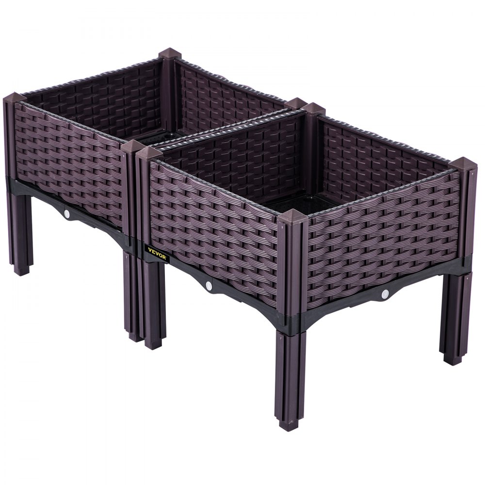 VEVOR Cama de jardín elevada de plástico, 2 unidades de macetero, 9.1 pulgadas de alto, autorriego elevado con patas para flores, verduras, frutas, hierbas, uso interior/exterior, ratán realista marrón