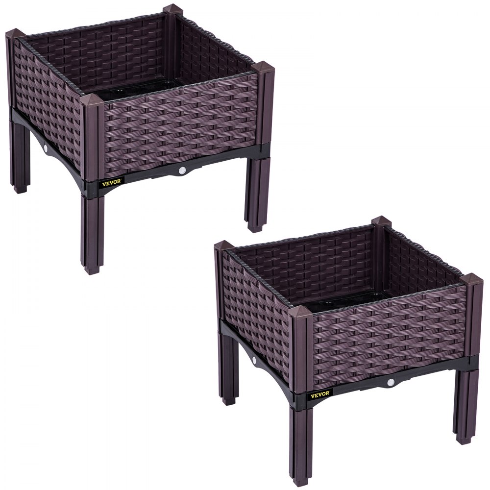 VEVOR Cama de jardín elevada de plástico, 2 unidades de macetero, 9.1 pulgadas de alto, autorriego elevado con patas para flores, verduras, frutas, hierbas, uso interior/exterior, ratán realista marrón