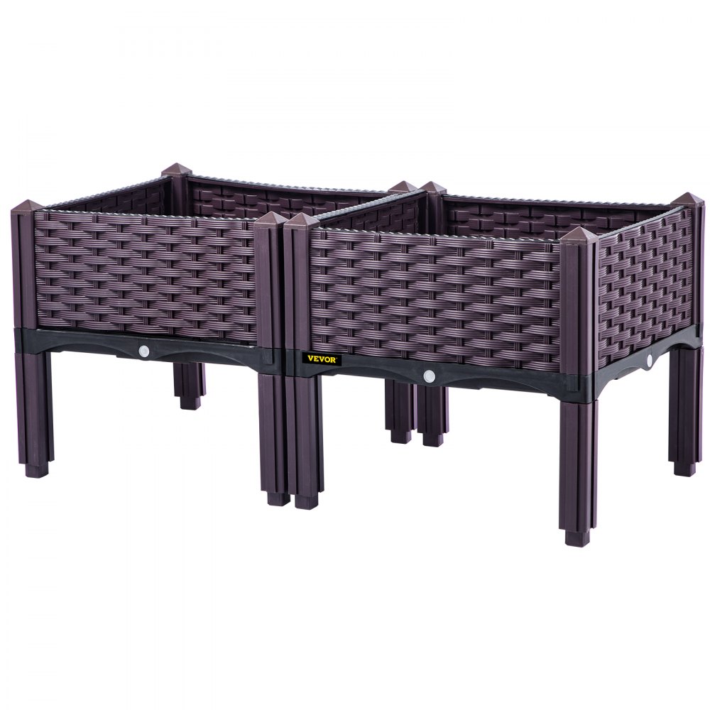 VEVOR Cama de jardín elevada de plástico, 2 unidades de macetero, 9.1 pulgadas de alto, autorriego elevado con patas para flores, verduras, frutas, hierbas, uso interior/exterior, ratán realista marrón
