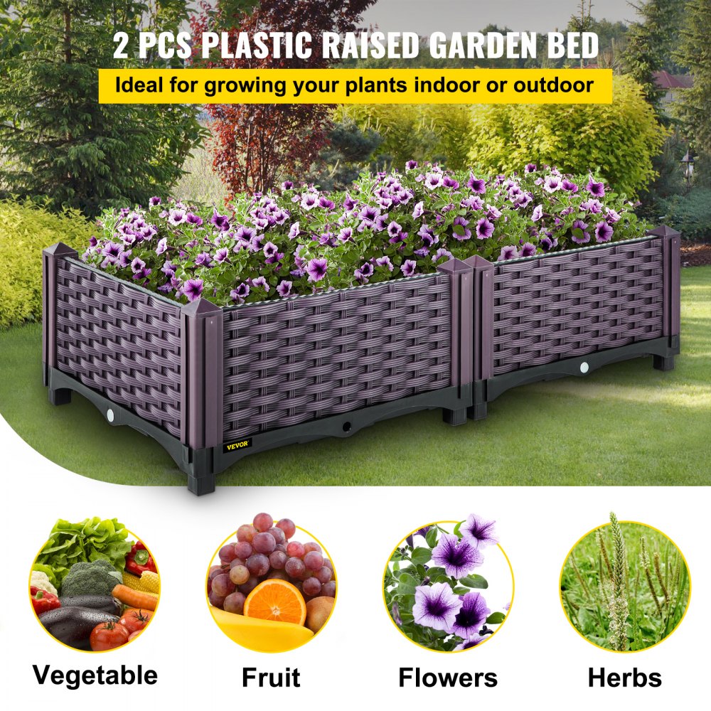 VEVOR Cama de jardín elevada de plástico, juego de 2 maceteros, 9.1 pulgadas de alto, autorriego elevado para flores, verduras, frutas, hierbas, uso interior/exterior, ratán realista marrón